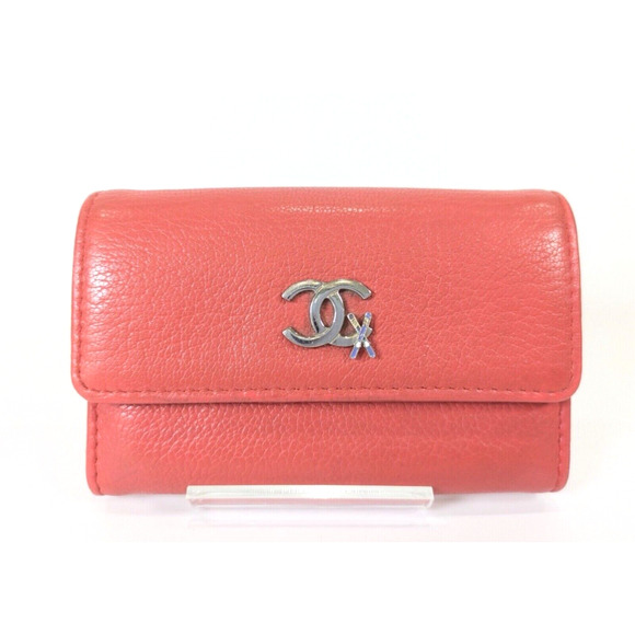 Authentic CHANEL Card Case Wallet Silver Tone CC Coco Mark Leather Coral EUC - Picture 1 of 8